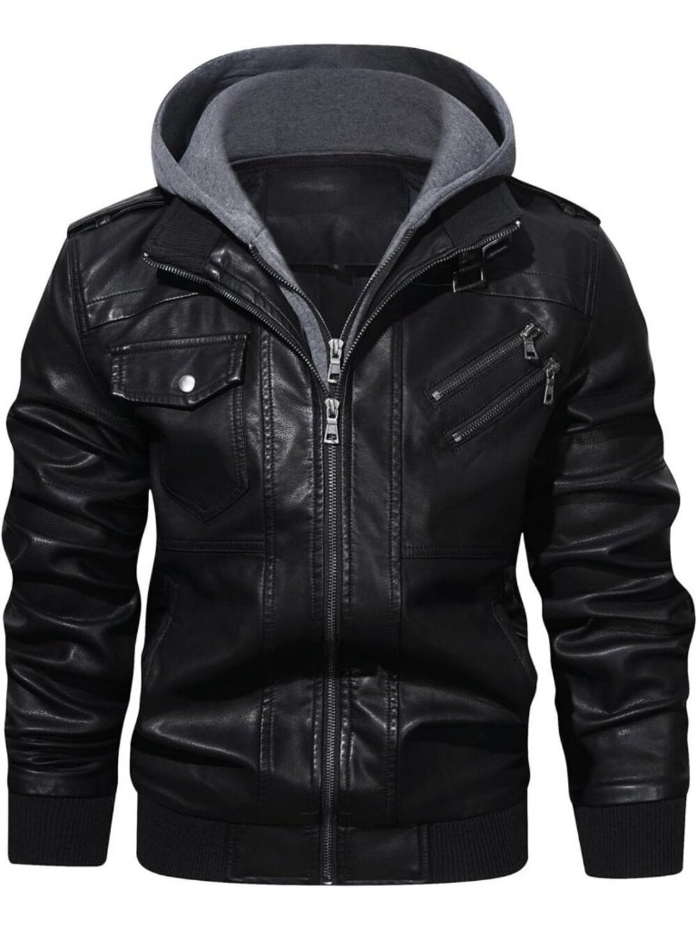 Men's Casual Faux Leather Zip-Up Motorcycle Jacket with Removable Hood, Stand